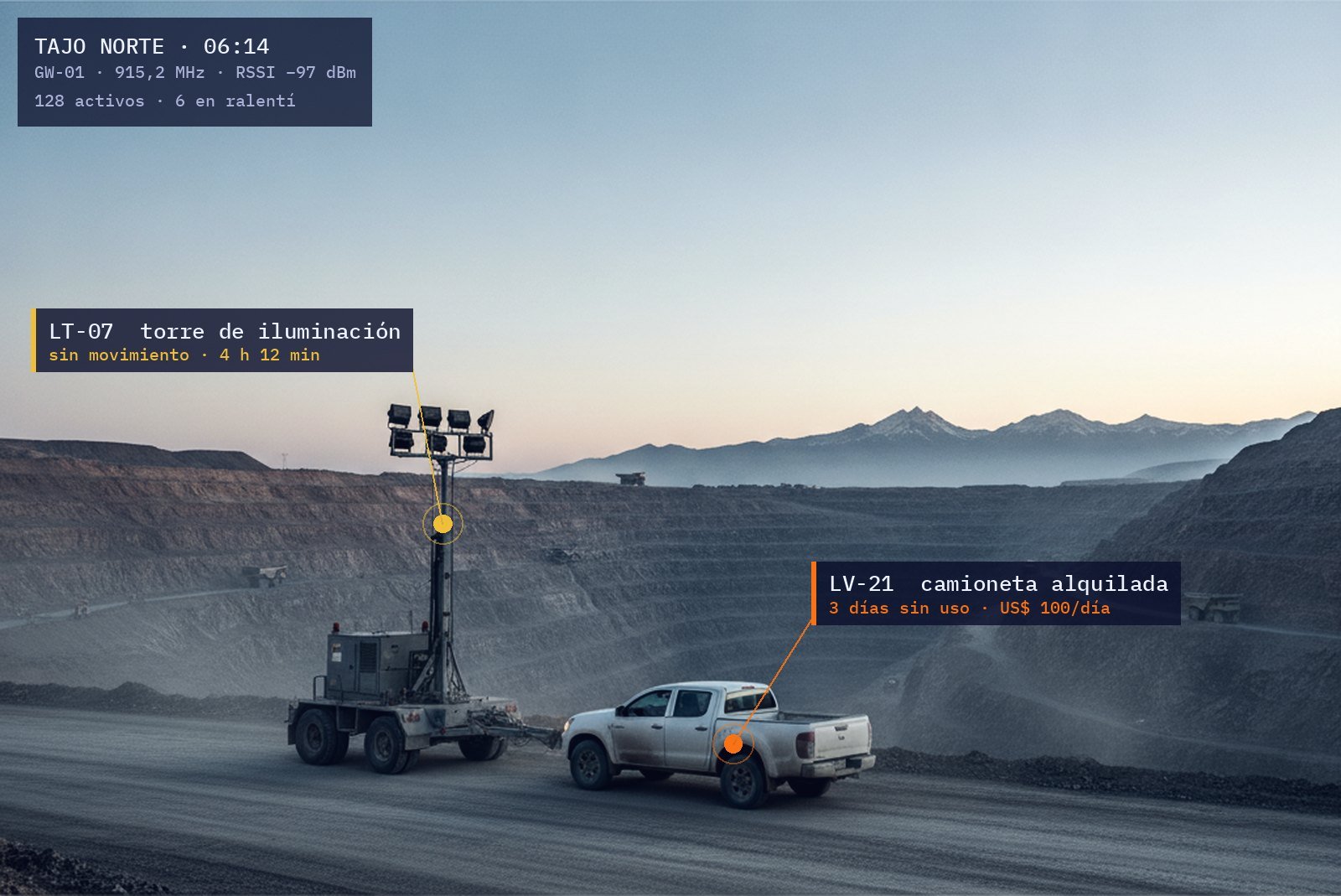 Open pit at dawn with telemetry labels on a lighting tower and a rented pickup